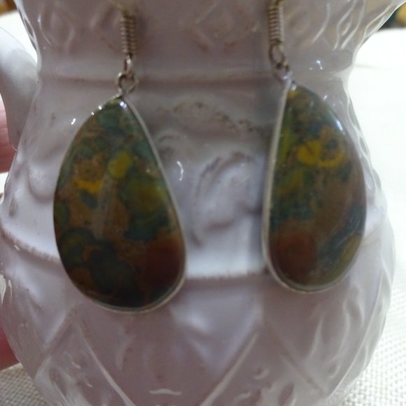 Natural "BLOODSTONE AGATE" Handmade Sterling Dangle Earrings (1" Drop) #973A - Picture 3 of 3